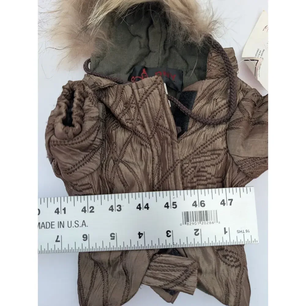 DNY Quilted Dog Coat with Fur Trim Hood Brown Textured Winter Jacket Small Breed